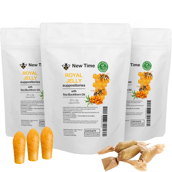 3-Pack of New Time Royal Jelly Suppositories with Sea Buckthorn Oil – 100% Natural Rectal and Vaginal Support – Organic packaging with visible suppositories and sealed units