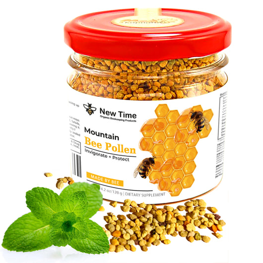 Organic bee pollen granules in a jar, a natural dietary supplement